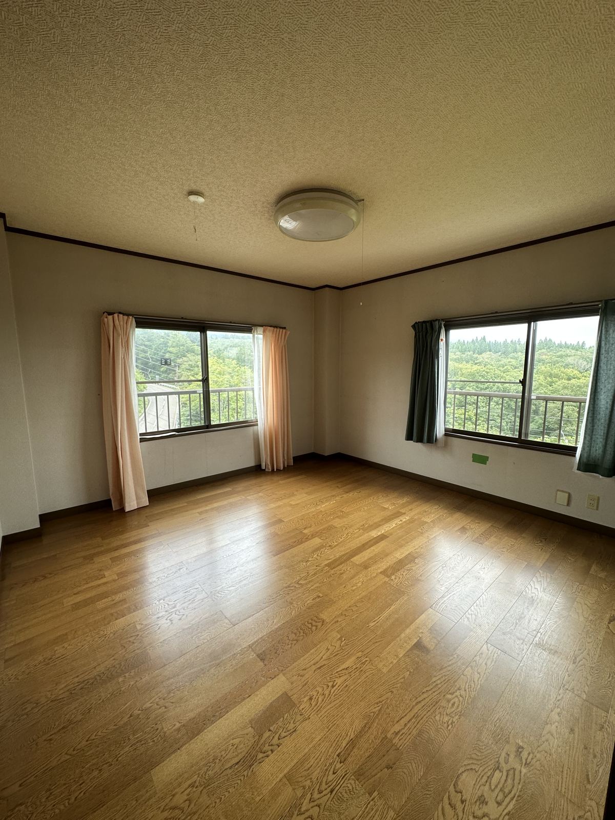 Corner room with wooden floor and two windows