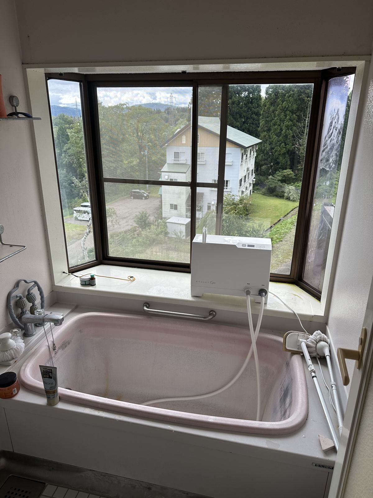 Bathtub under a bay window